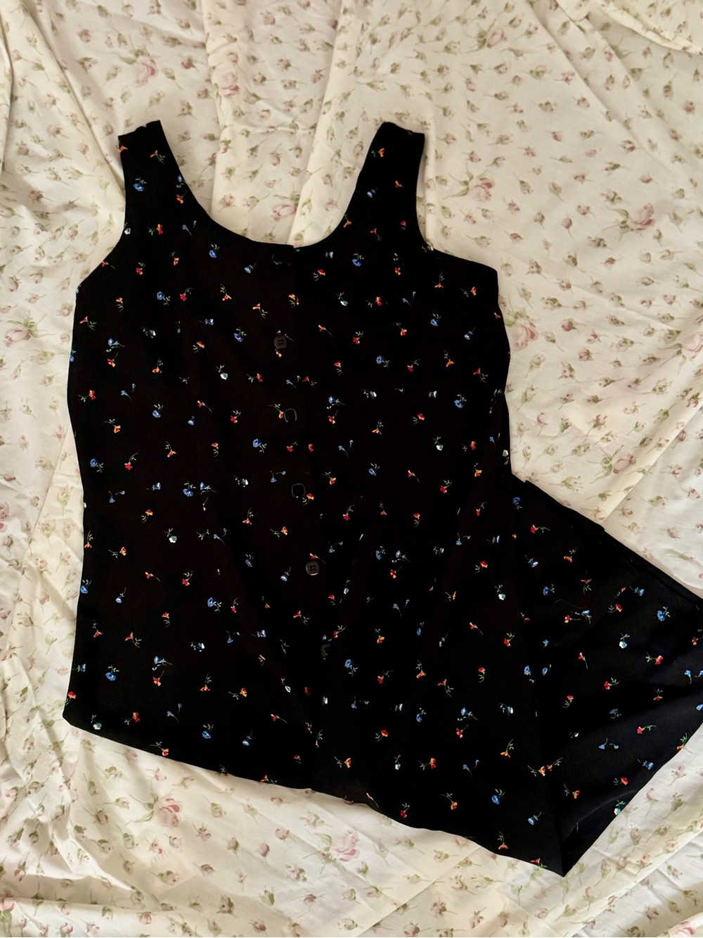 Vintage 90s Black Floral Button-Front Midi Dress - Size Medium - Picture 2 of 4